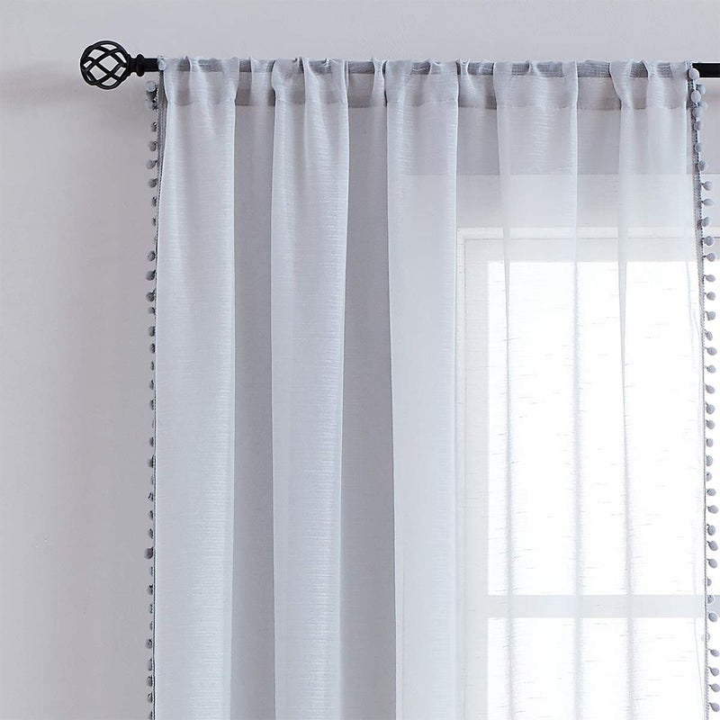 Treatmentex Pom-Pom Grey Sheer Curtains for Bedroom 63" Window Drapes Rod Pocket Textured Sheer Curtain for Kids Room 52" w 2 Panels - Image 5